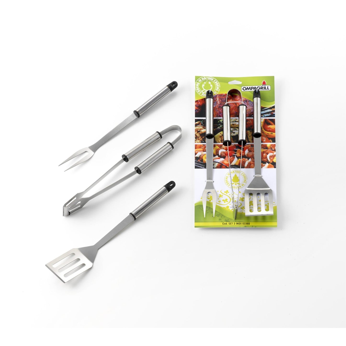 Set utensili bbq acciaio inox 3 pz - paletta, forchettone, pinza 36 cm