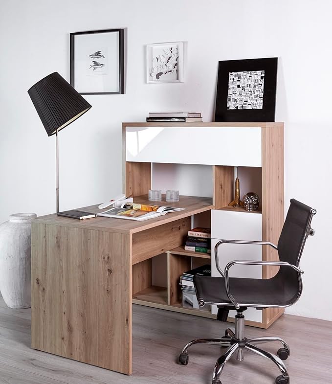 Etagère combinée avec bureau en chêne artisanal 130,9x132,5x109,7 cm