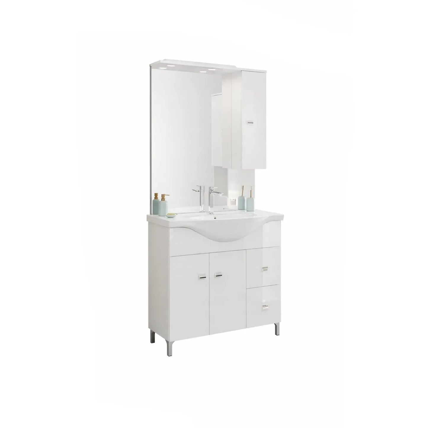 Meuble de salle de bain avec 2 portes et 2 tiroirs avec lavabo de 86 cm et miroir avec élément mural droit