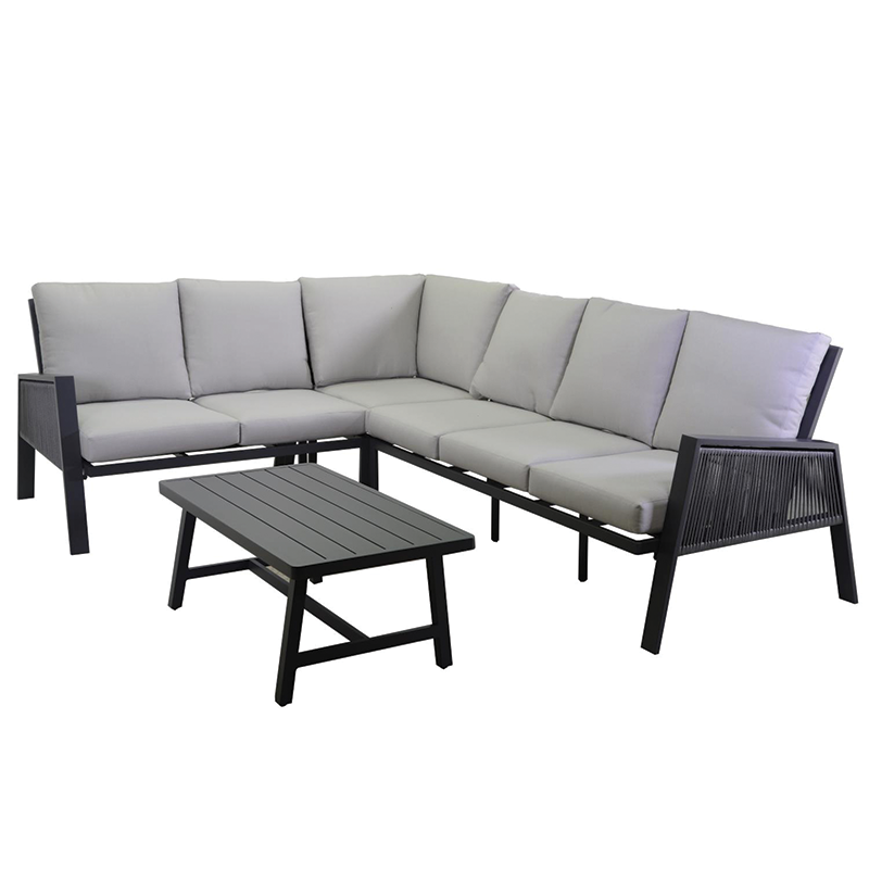 Salon d'angle avec structure en aluminium et coussins amovibles - Canapé 2 places : 126x88,5x61,5 cm, Canapé 3 places : 179x88x89,5 cm, Table : 110x57,5x44,5 cm