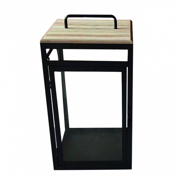 Lanterne en Métal Noir avec Plateau en Bois et Verre - 20x20 cm - H. 39