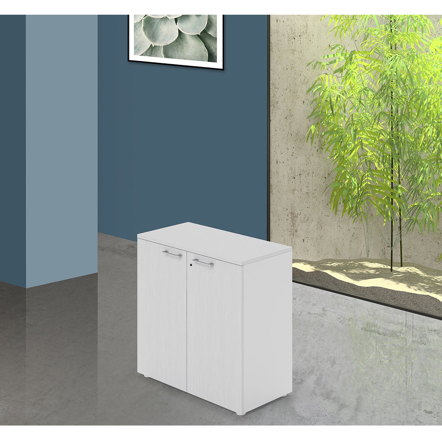 Meuble de bureau bas à deux portes avec serrure, coloris Blanc H87x90x45cm