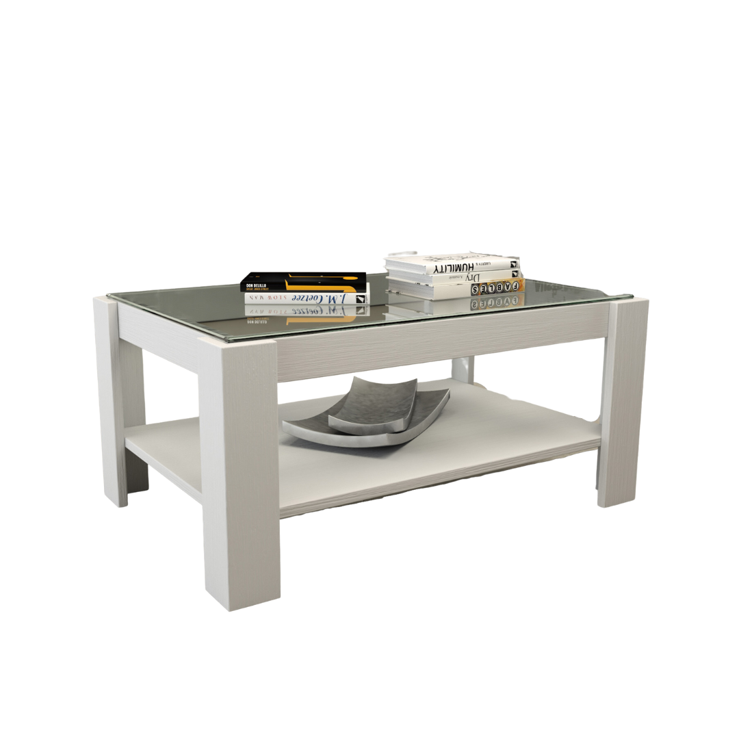 Table basse de salon avec étagère en verre blanc H41x90x60cm