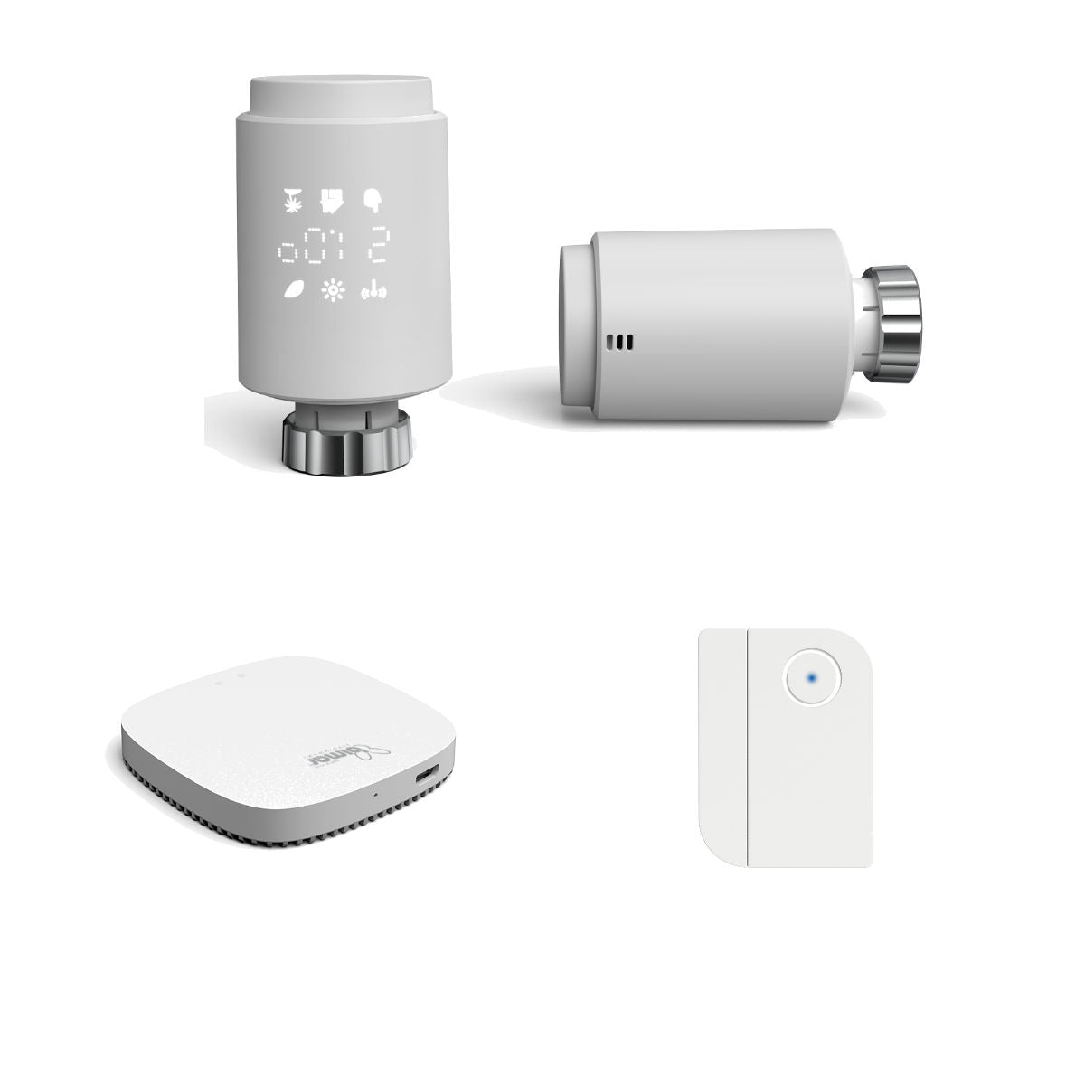 Kit de Contrôle Intelligent pour Domotique - 2 Vannes Thermostatiques, 1 Passerelle et 1 Capteur Porte et Fenêtre - Dimensions : 193x130x105 mm