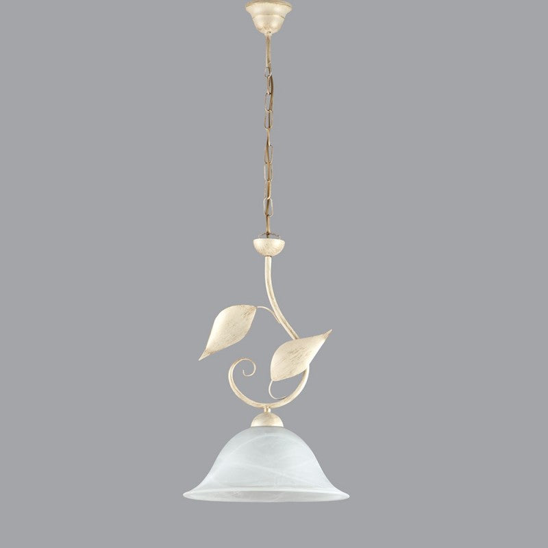 Lustre suspendu en fer ivoire doré une lumière verre albâtre blanc 30x h34 cm