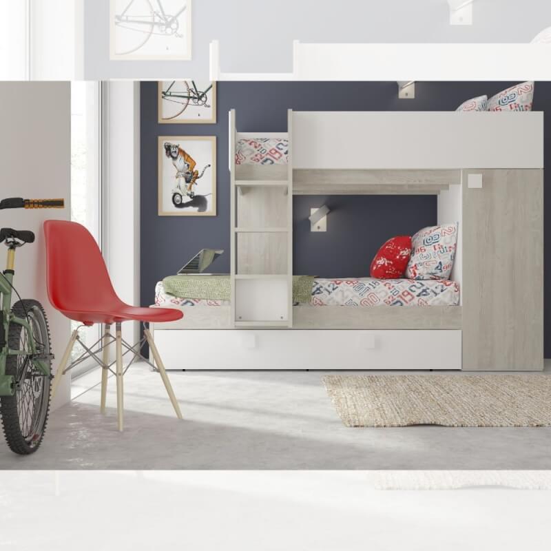Chambre avec lit superposé et lit gigogne avec armoire intégrée blanc usé et blanc réversible