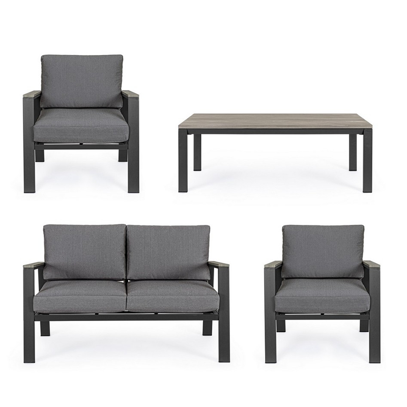 Salon Belmar Gris-anthracite - Fauteuil 73x75x84h, Canapé 132x75x84h, Table 110x57x40h