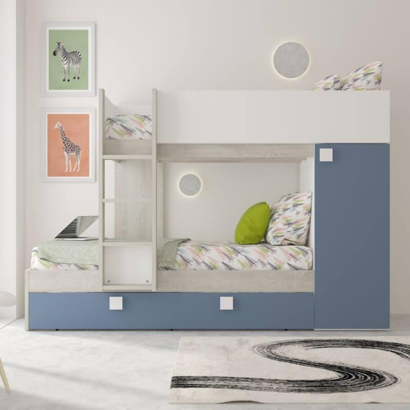 Chambre avec lits superposés, lit extractible et armoire blanc/bleu