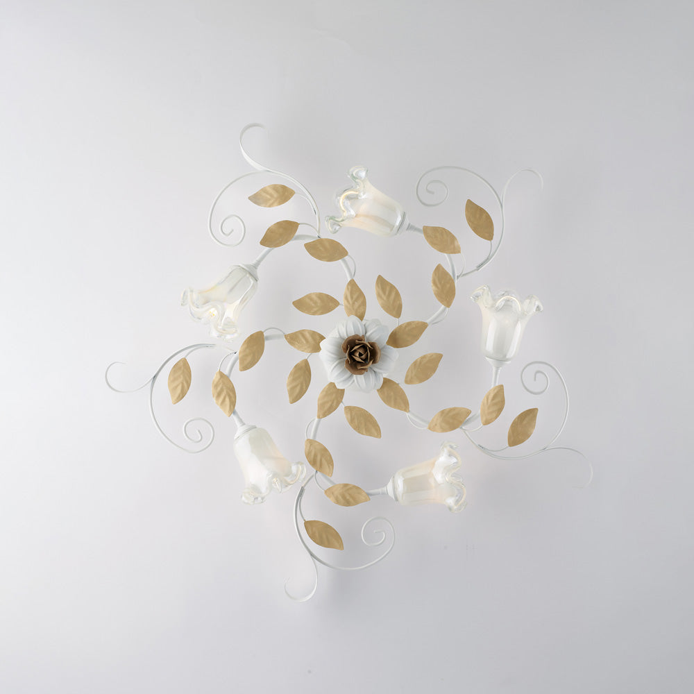 Plafonnier Shabby en fer laqué blanc 5 lumières H.17 - Ø80