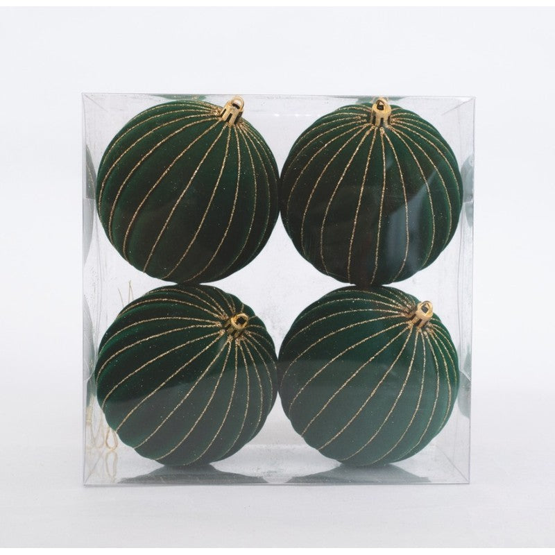 Set 4 sfere natalizie in velluto verde scuro con righe oro Ø10 cm