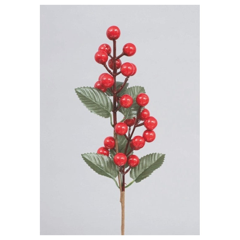 Rametto decorativo natalizio con bacche rosse e foglie H35 cm