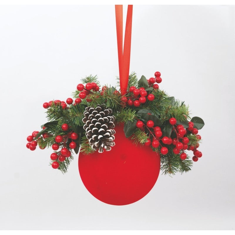 Sfera natalizia in PVC rosso velluto con bacche e pigne Ø20 cm