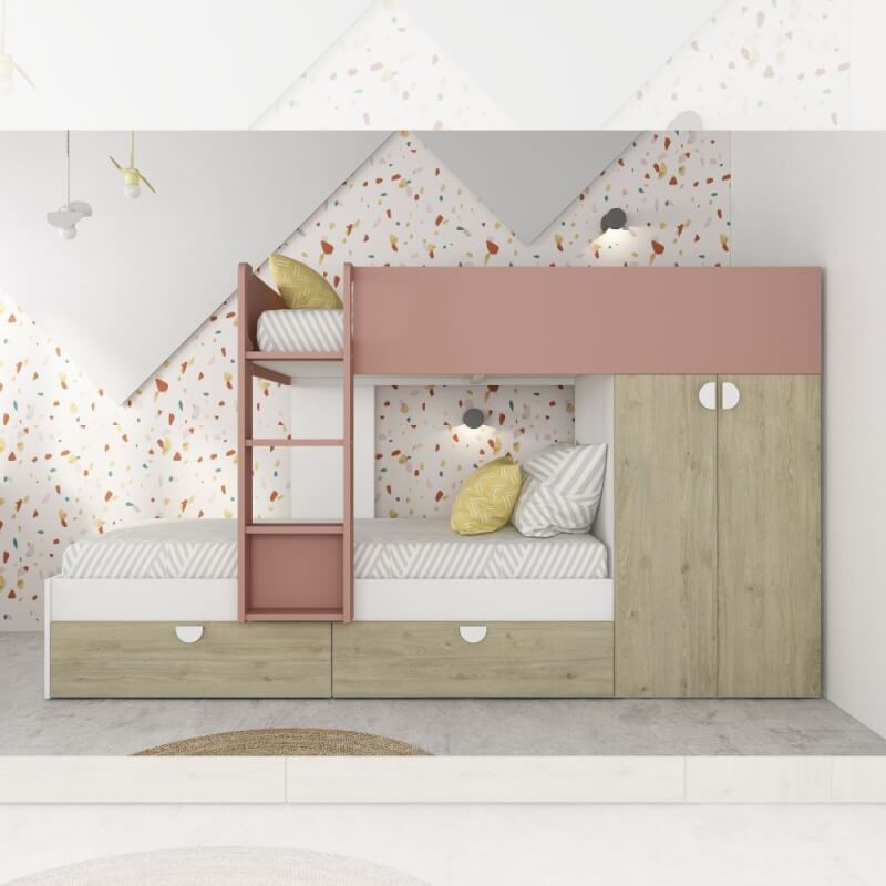 Chambre avec lits superposés, commode et armoire chêne/rose antique