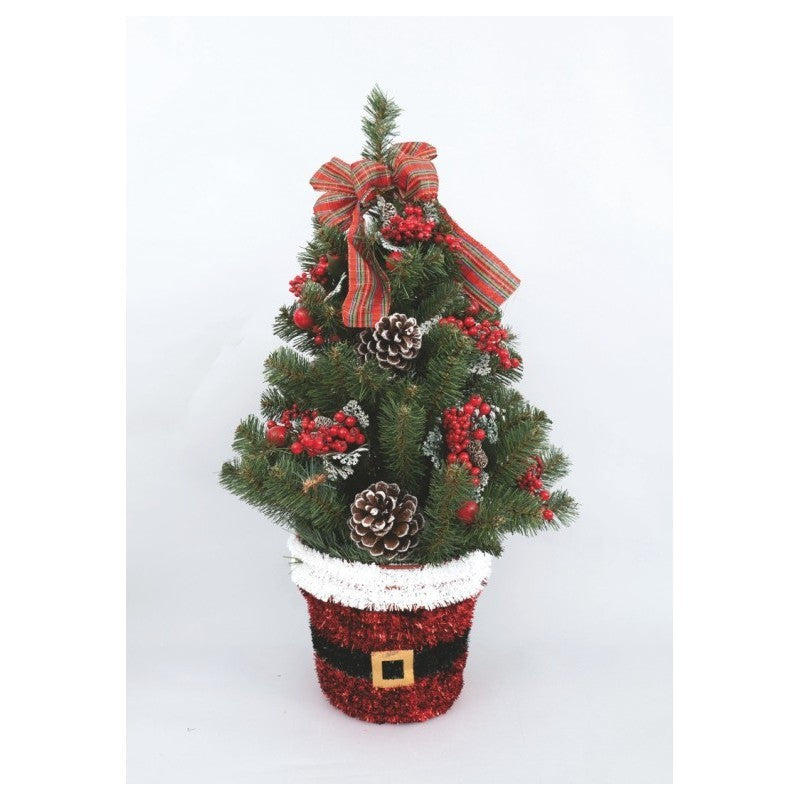 Alberino di Natale verde in PVC H80 cm con fiocchi scozzesi, pigne e bacche