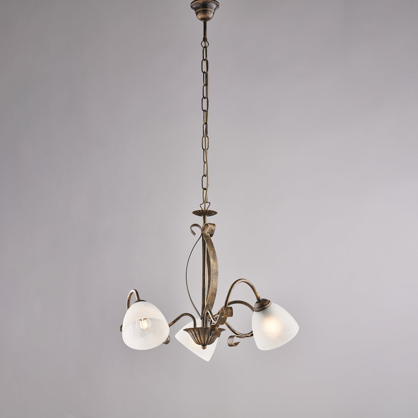 Lustre antique marron doré, verre albâtre, 3 lumières, Ø51 cm