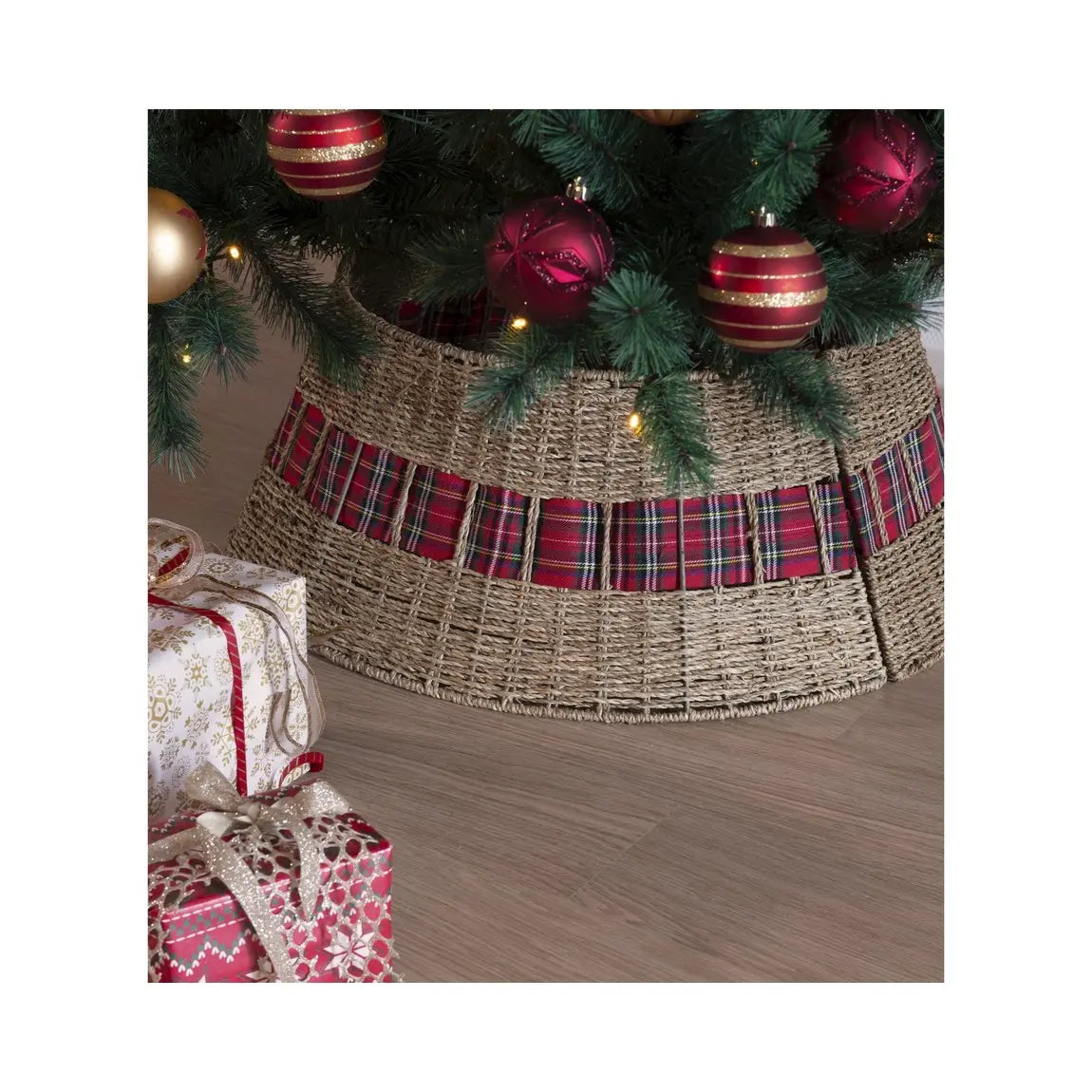 Copribase per albero di Natale in rattan con nastro Ø57 × H28 cm