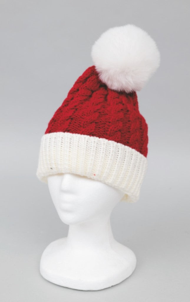Bonnet adulte en laine avec pompon rouge