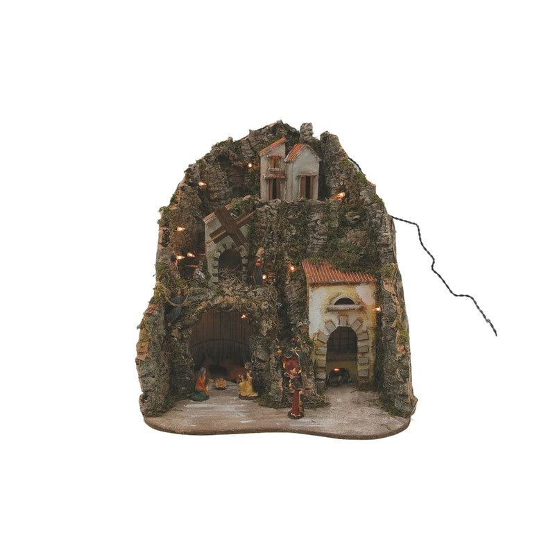 Presepe 50 × 43 × H56 cm con 9 personaggi in resina, luci, mulino e fuoco elettrico