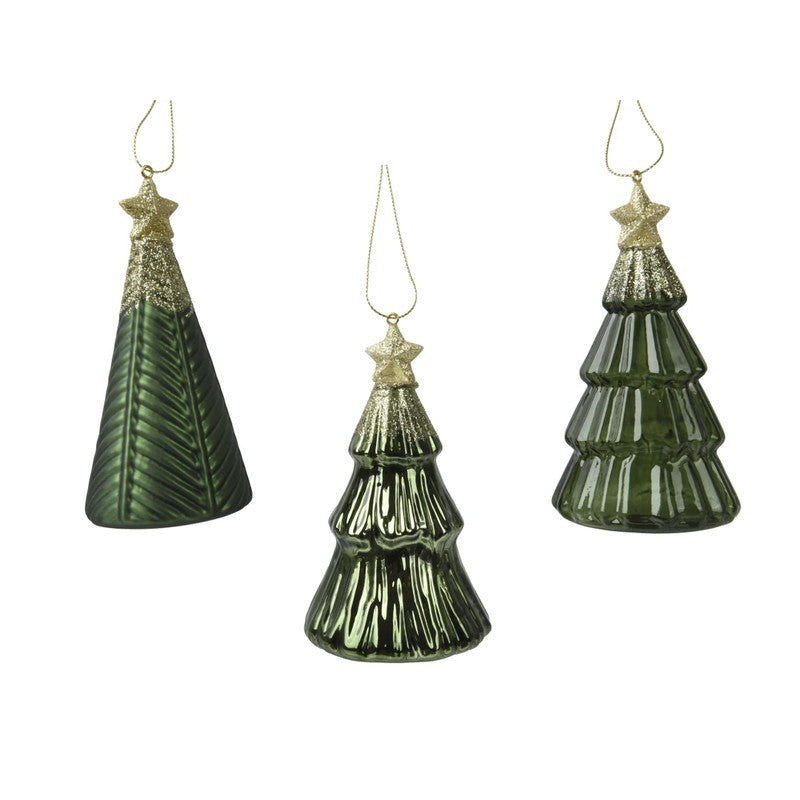 Pendente albero di Natale in vetro glitterato oro e verde H12.6 cm 3 assortiti