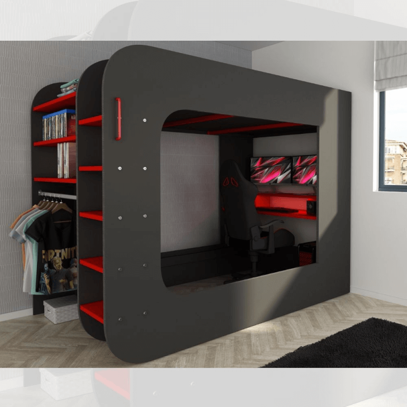 Lit mezzanine EFFEZ rouge anthracite 5000 avec station gamer