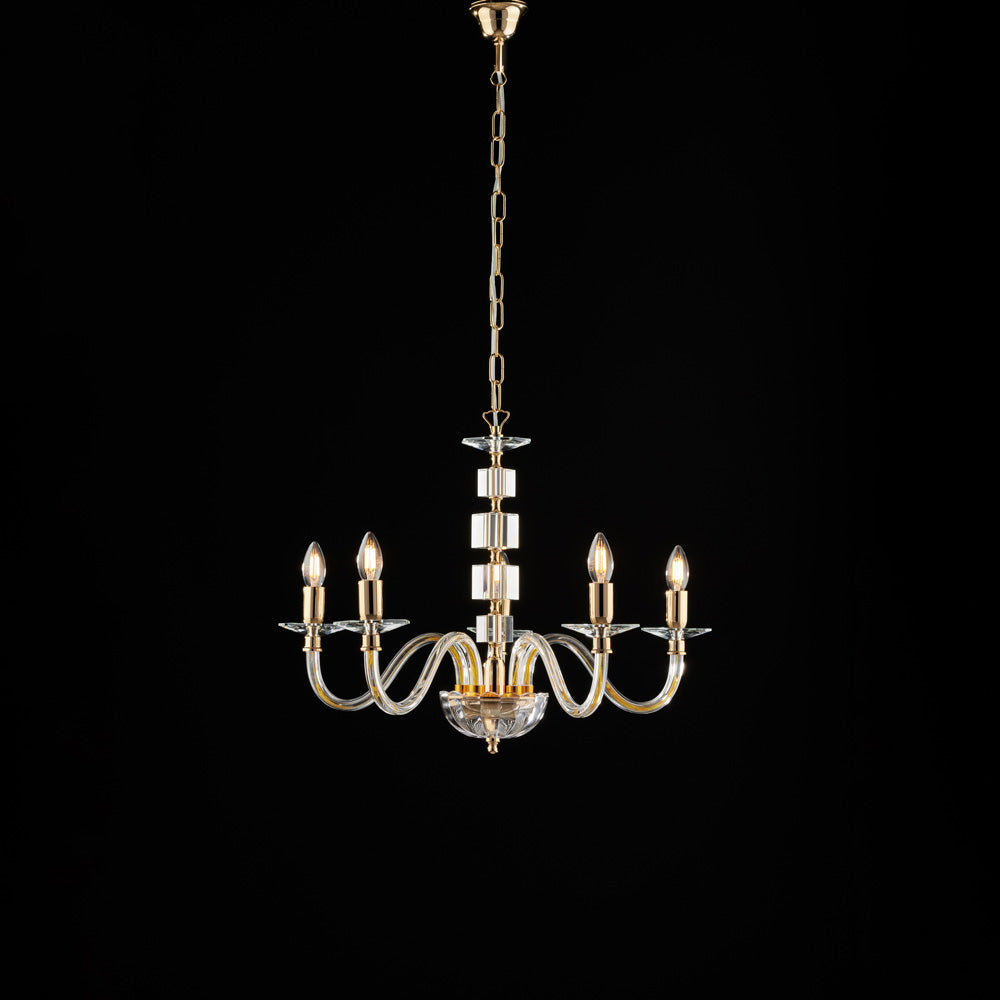Lustre doré verre transparent et strass 5 lumières H.50 - MAX 110 - Ø60