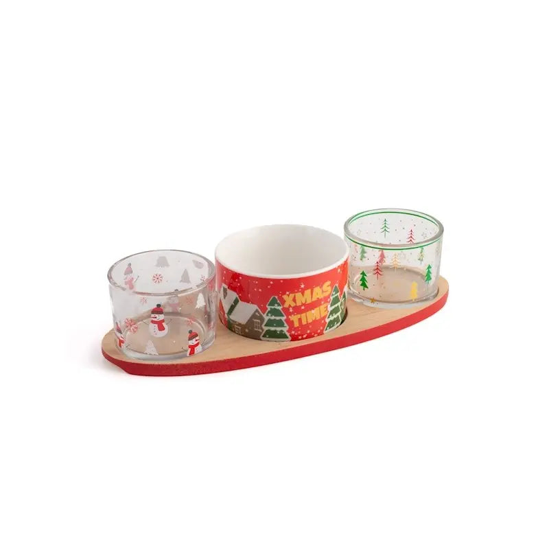 Service apéritif de Noël 4 pièces avec plateau en bambou
