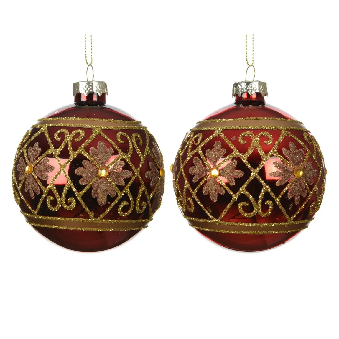Sfera natalizia in vetro rossa con fiori oro Ø8 cm