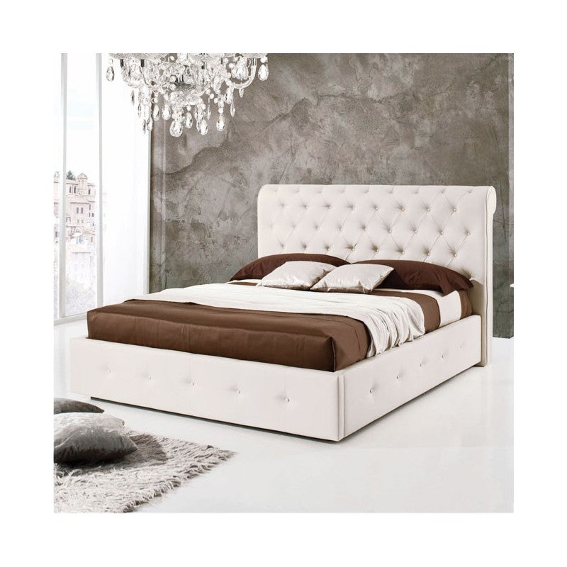 Lit double avec conteneur en éco-cuir Blanc 180x223xh.120 cm