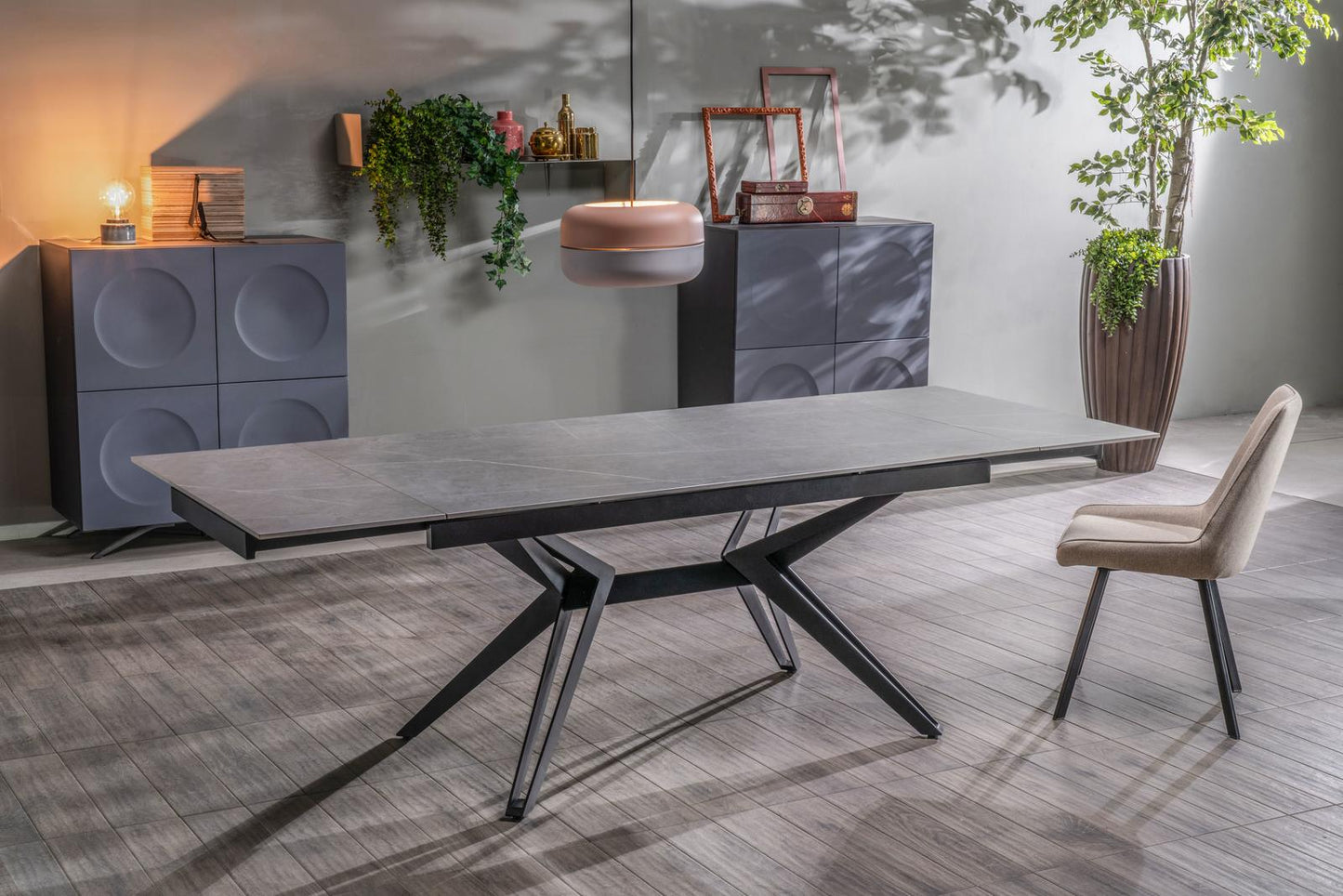 Table extensible gris-noir mat, pieds en H, 90x160-240x76