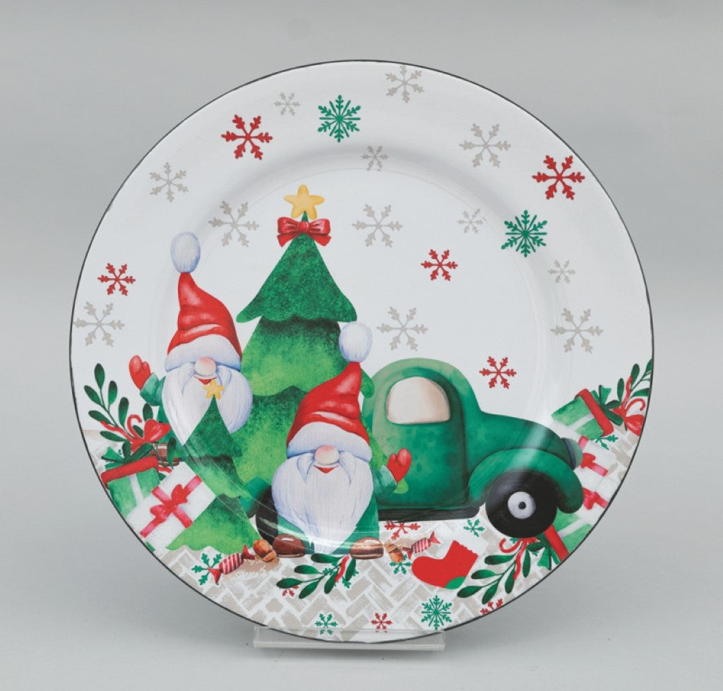 Assiette ronde 33 cm blanche, nains et voiture verte