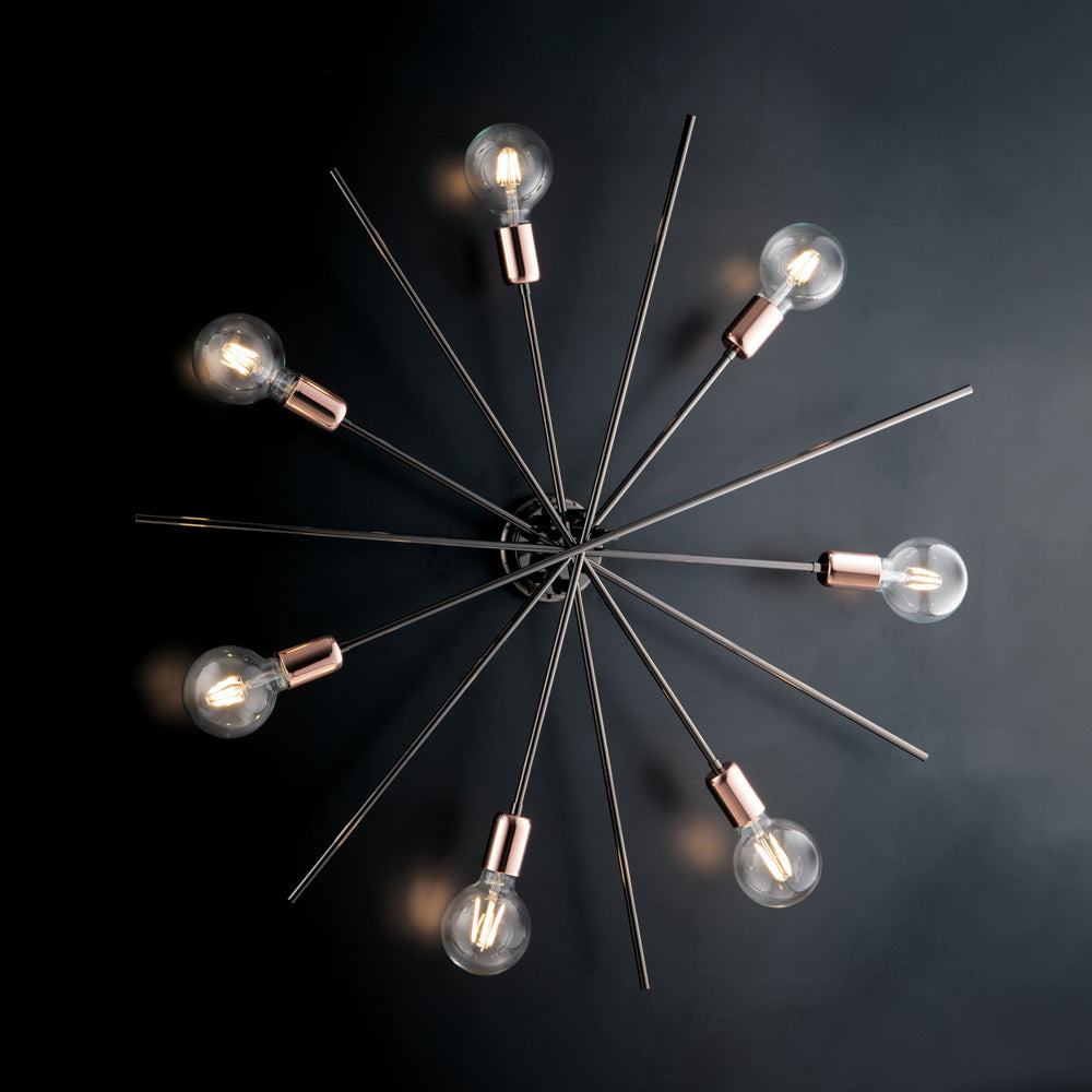 Plafoniera ferro cromo nero e rame 7 luci H.14 - Ø95