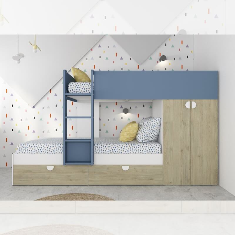 Chambre avec lits superposés, tiroirs et armoire chêne/bleu