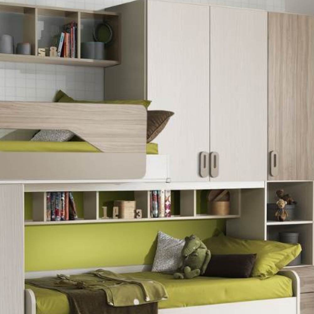 Cameretta Soppalco Colore Talco, Verde Acido e Brown