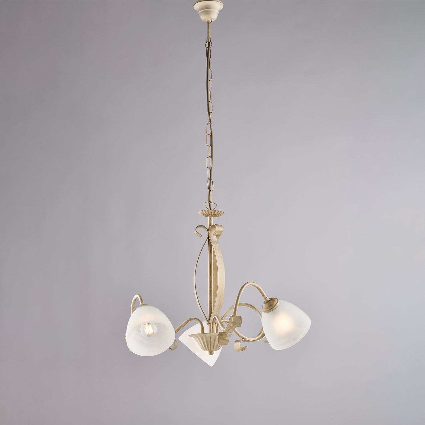 Lustre ancien doré ivoire, verre albâtre blanc, 3 lumières, Ø51 cm