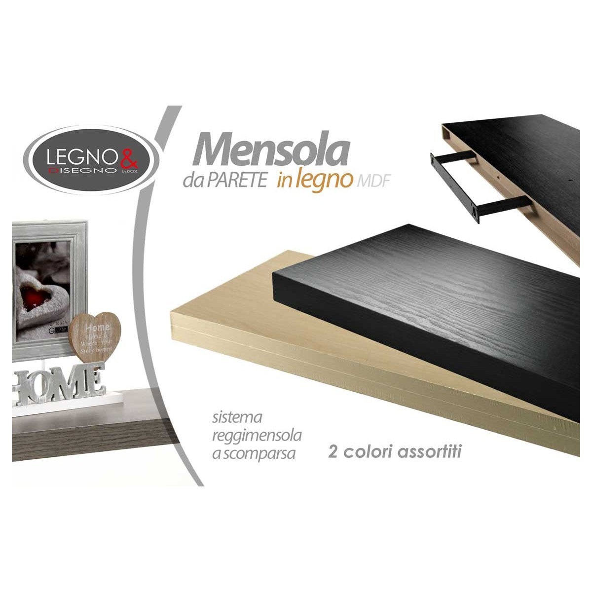 Mensola da parete in legno MDF con fissaggio a scomparsa 120x25x3,8 cm - 1 pezzo assortito