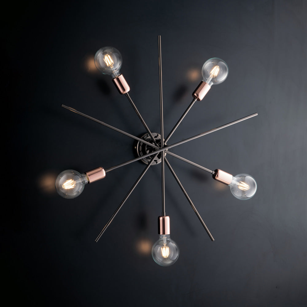 Plafonnier en fer, noir, chrome et cuivre à 5 lumières H.22 - Ø65