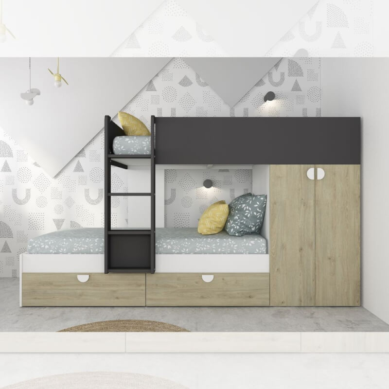 Chambre avec lits superposés, tiroirs et armoire chêne/anthracite