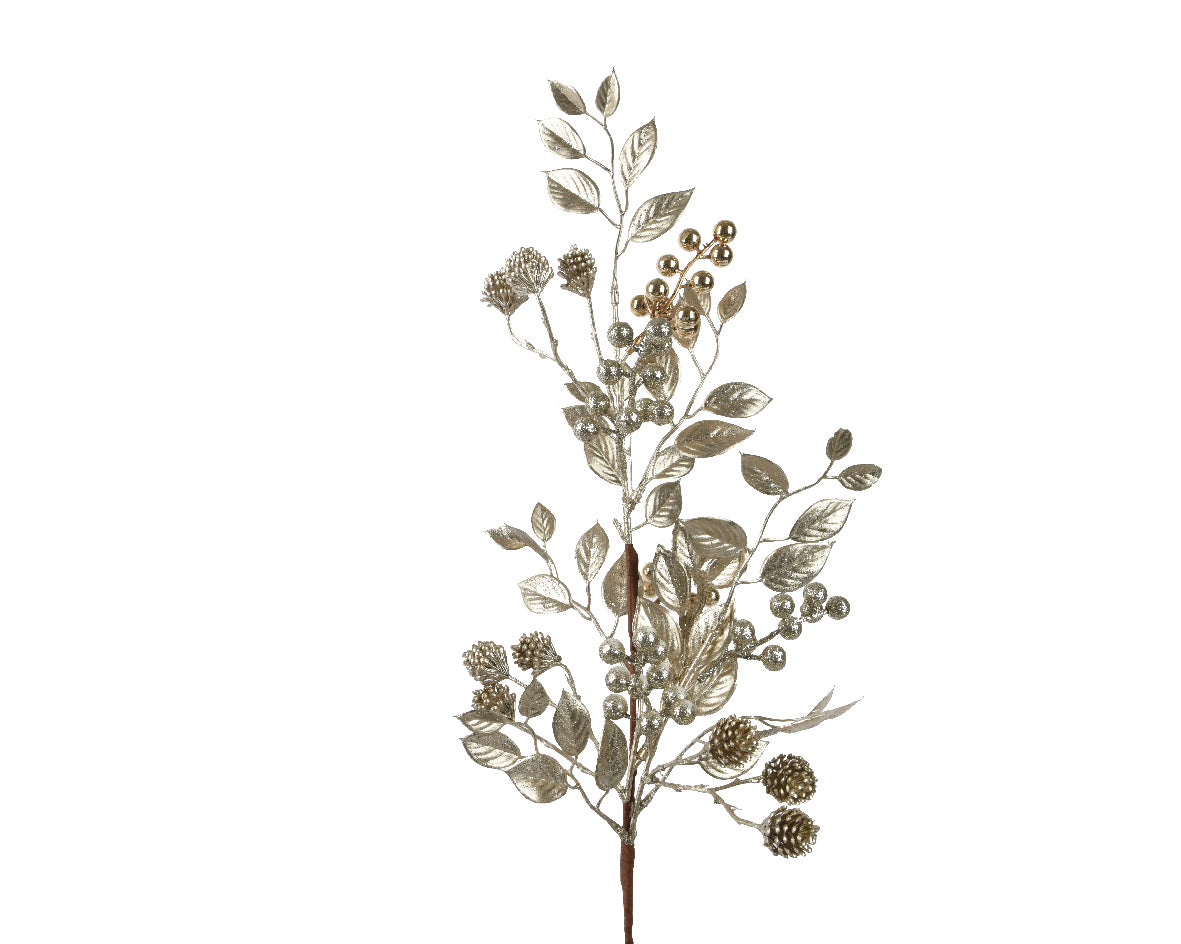 Branche champagne PE h. Pomme de pin baies pailletées 68 cm