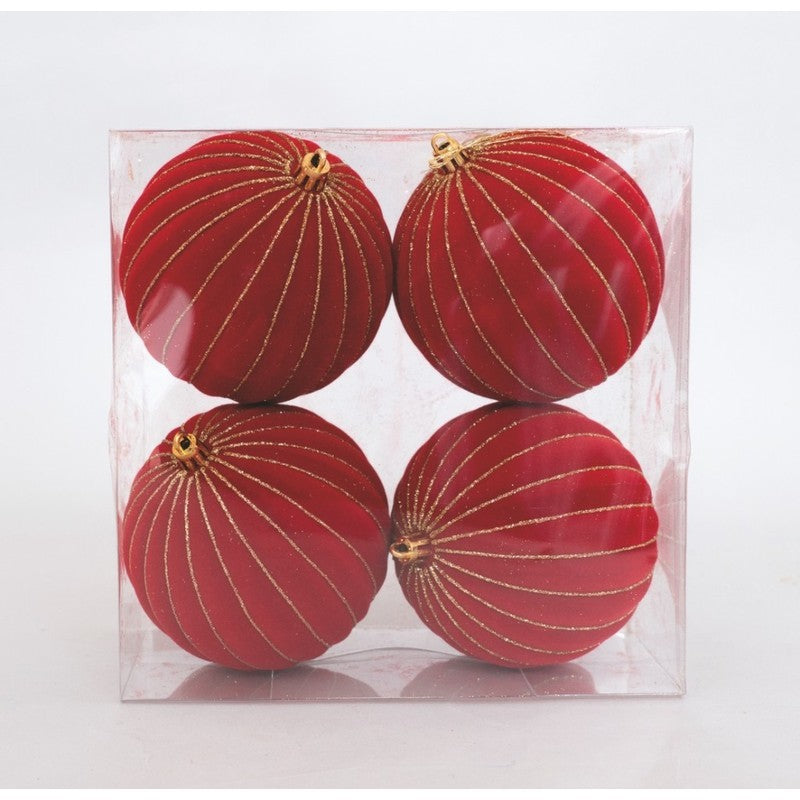 Set 4 sfere natalizie in velluto rosso con righe oro Ø10 cm