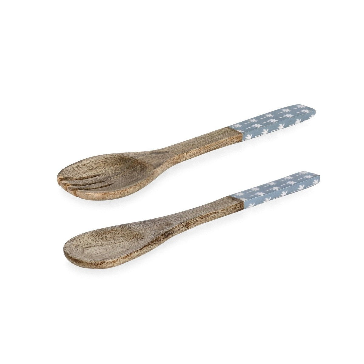Bizzotto set de 2 couverts à salade bizzotto Keran, bleu clair à décor palmiers en bois de manguier