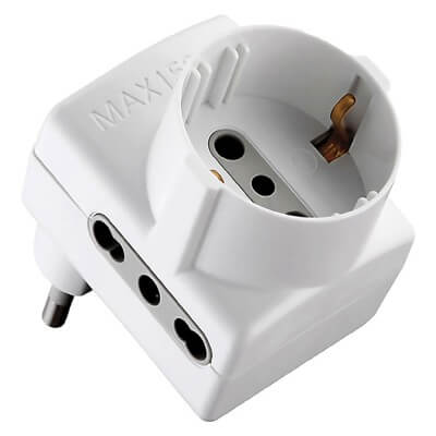 Prise adaptateur triple « gain de place » : 2X2P + E 16A Bipass Schuko. 1X2P+T Schuko