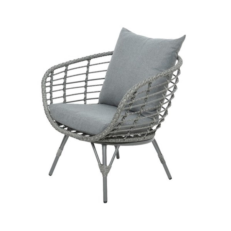 Salon gris 3 pièces Evora - Fauteuils et table basse en osier avec pieds réglables