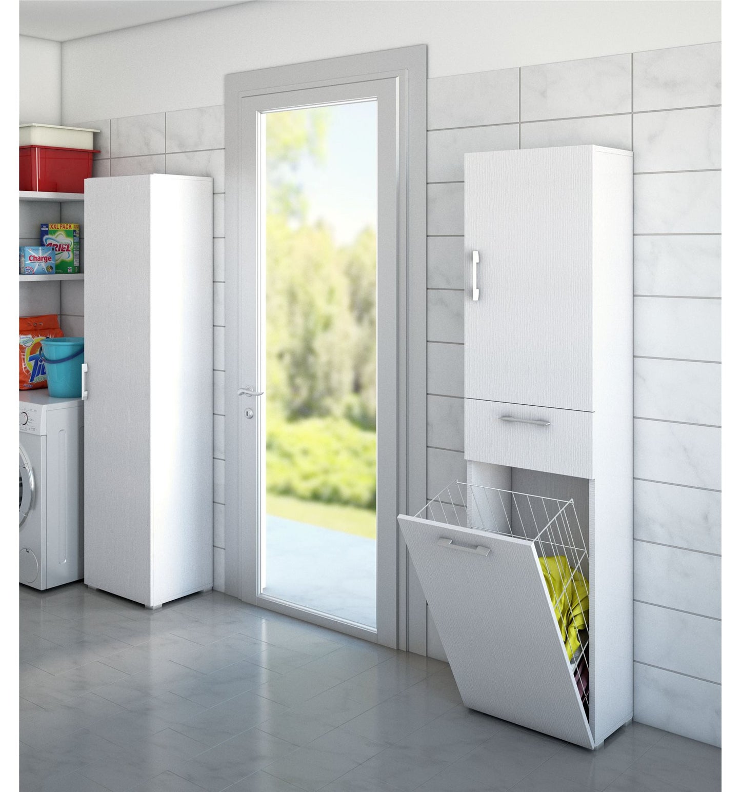 Armoire polyvalente avec panier à linge blanc avec poignées