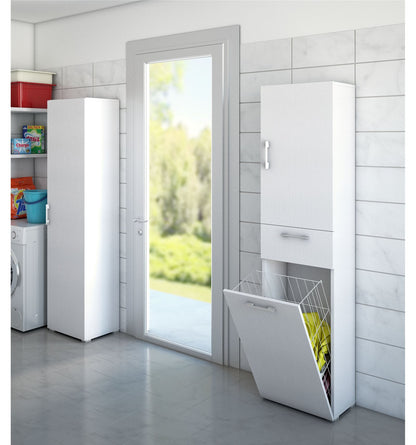 Armoire polyvalente avec panier à linge blanc avec poignées