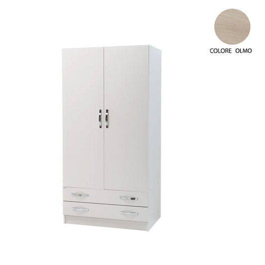 Armoire 2 portes et 2 tiroirs, Façade en orme blanc, 91x52xH 210 cm