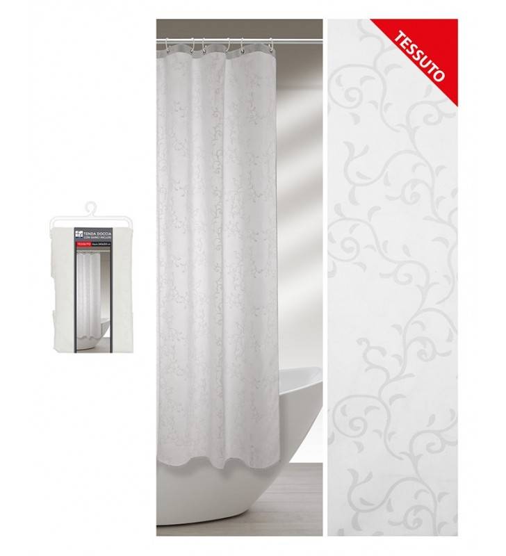 Rideau de douche à motif branches géométriques en tissu mesurant 240 x 200 cm.