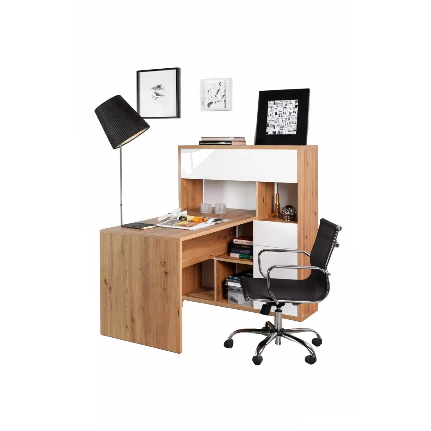 Etagère combinée avec bureau en chêne artisanal 130,9x132,5x109,7 cm