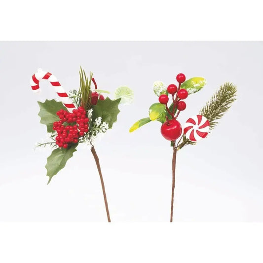 Rametto decorativo in pvc con bacche rosse e bastoncino di zucchero h 22 cm - 1 pezzo assortito