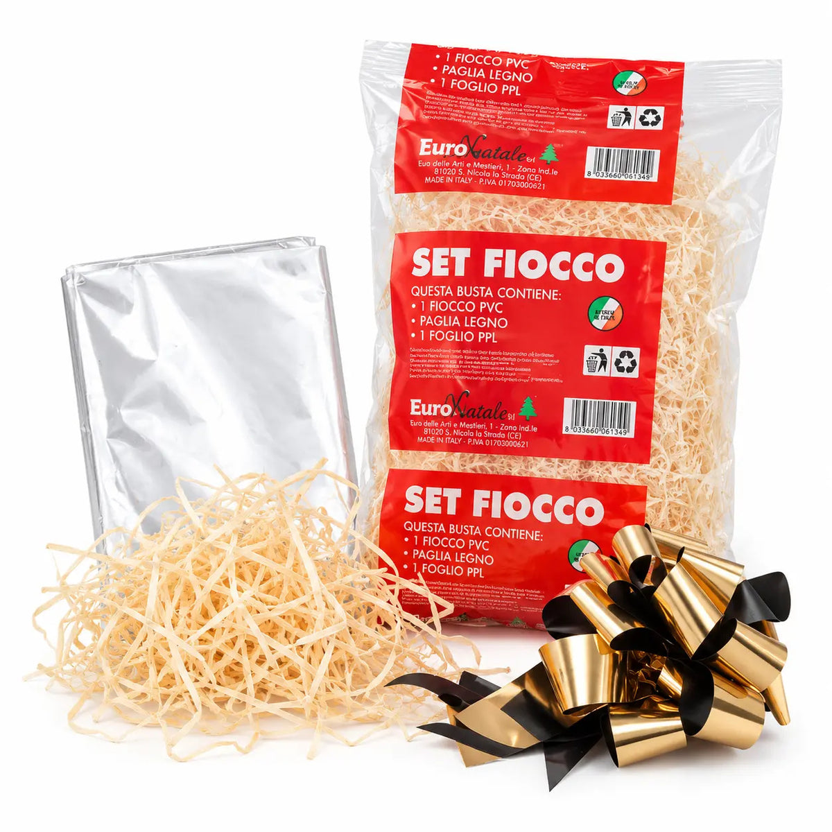Kit per confezione regalo con paglia di legno (500 g), foglio di cellophane e fiocco
