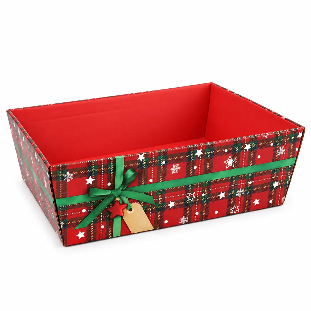 Cesta in cartone rossa con decoro nastro verde a quadri e stelle bianche cm 39 x 30 x 13 h